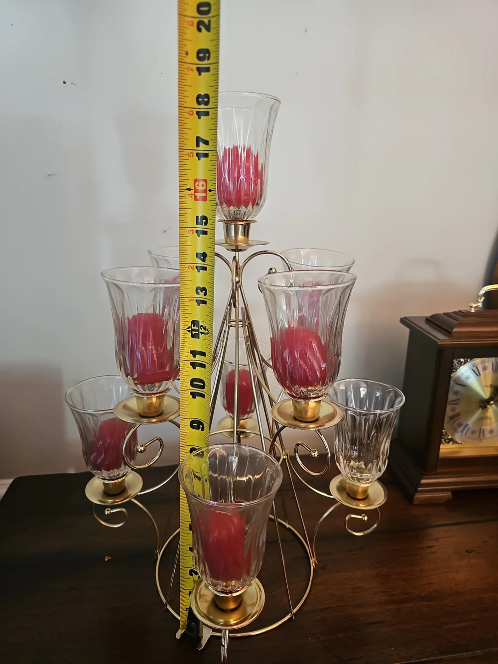 Home Interiors Gold Multi-Tier Candle Candelabra with Red Candles & Glass Shades